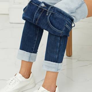 TEMU Women's High-elasticity Slim-fit Jeans With Warm Fleece Lining | Fall/winter Collection, Medium Stretch, Straight Leg, Solid Color, Washed Finish, Pravava Brand