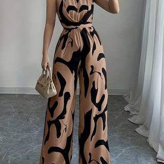 TEMU Women's Elegant Off-shoulder Print Jumpsuit With Wide Legs And Tie Waist - Black & White Abstract Pattern, Polyester Fabric, Vacation And Everyday Chic