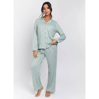 Loungeable Loungeable Green Super Soft Marl Brushed Rib Long Button Through Pyjama Set