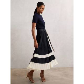 Reiss Reiss Navy/Ivory Goldie Belted Pleated Midi Skirt - 6