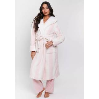 Loungeable Loungeable Pink/White Chunky Sherpa Stripe Midi Hooded Dressing Gown - X-Large