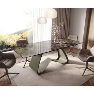 Esstisch Edge 180-220x100 Keramik Laminam® Emperador Extra Lucidato Dunkelbraun W-Gestell Effektfinish Titan ausziehbar