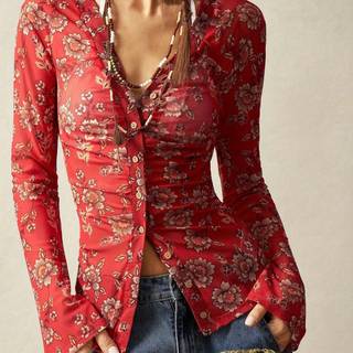 TEMU Dp031498 Bohemian Vacation Elegant Mesh Print Blouse Fashion Simple Women's Casual Top