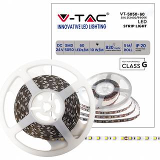 V-Tac 9W/m LED strip - 5m, IP20, 24V, 60 LED pr. meter - Dæmpbar : Dæmpbar, Kulør : Kold