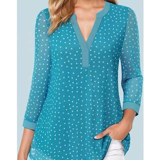 TEMU Women's Casual V-neck Blouse With Heart Pattern, 3/4 Sleeve Loose - Breathable Mesh, Waist Cinching, Versatile Shirt For Casual Attire, Versatile Fashion | Blouse | Mesh Fabric