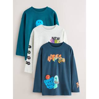 Next Teal/Blue/Grey Bright Graffiti Relaxed Fit Graphic Print Long Sleeve T-Shirts 3 Pack (3-16yrs)