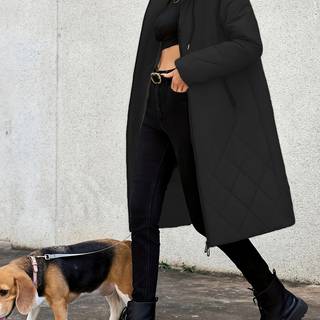 TEMU Women's Elegant Black Quilted Long Coat With Zipper Hood - Polyester, Machine Washable, Solid Color, Long Sleeves, Pockets, Winter Outerwear|oversized Jacket|polyester Coat