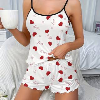 TEMU Women's Heart Print Spaghetti Strap Pajama Set - Soft Polyester, Sleeveless Romper With Hem, Spring/summer/fall, Adult Sleepwear| Print|polyester Fabric