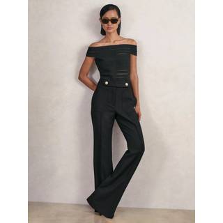 Reiss Reiss Black Lily Twill Button-Tab Flared Trousers With Wool