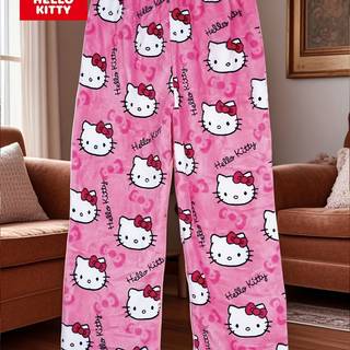 TEMU Hello Kitty Licensed Fleece Pajama Pants For Women - Winter Warm Plush Flannel, Plus Size, Machine Washable Gift