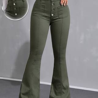 TEMU Single-breasted Green Plain Flare Leg Stretchy Bell Bottom Jeans, Women's Denim Jeans & Clothing