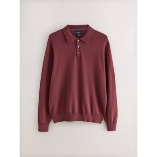 Next Red Regular Fit Cotton Rich Long Sleeve Knitted Polo Shirt - medium