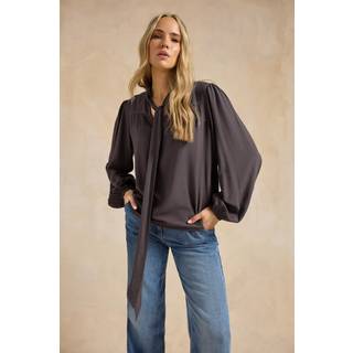 Lts Tall Dark Purple Acid Wash Tie Neck Blouse 12 Lts | Tall Women's Shirts & Blouses
