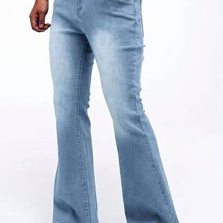 TEMU Men's Stretch Bell-bottom Jeans - Wash Blue Wide-leg Trousers With Elastic Waist, Heavy-duty Denim Pants For Casual & Formal Wear, Machine Washable (regular Fit, -sweeping Length)