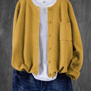 TEMU Dcrowome Women's High-elasticity Button-front Cardigan - Solid Color Blouse, Spring/autumn Jacket With Pockets, Round Neck Casual Suitable For & Semi-formal Wear