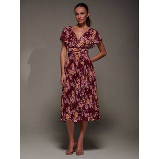 Jolie Moi Jolie Moi Red Printed Ruffle Detail Pleated Chiffon Midi Dress - 16