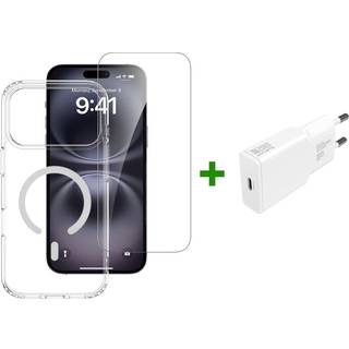 iPhone 17 Pro Max - 4Smarts 3-i-1 Premium Starter Set - MagSafe Mobil Cover, Skærmbeskyttelse & 20W Vægoplader - Gennemsigtig / Hvid