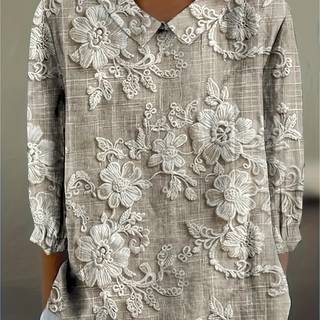 TEMU Women's Floral Print Blouse With Lace-like Detailing - Lightweight Breathable Short Sleeve Shirt, Classic Collar & Machine Washable For Spring Summer Fall Casual Vacation Wear