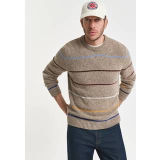 GANT Herre Stribet sweater med crewneck og nister i uldblanding (M) Brun Beige