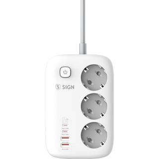 SiGN 65W GaN hurtigopladning forlængerledning 3-vejs/2x USB-A/2x USB-C, 2m - Hvid