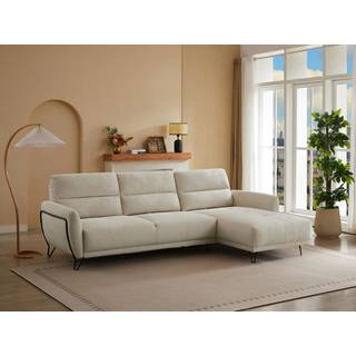 Højrevendt hjørnesofa i tekstureret beige stof med ryggen, der kan forskydes og trækkes DURIMA