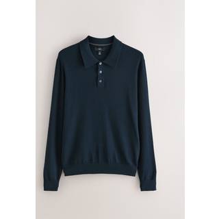 Next Navy Blue Regular Fit Cotton Rich Long Sleeve Knitted Polo Shirt - xlarge