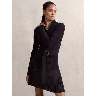 Reiss Reiss Black Vienna Rib-Knit Belted Half-Zip Flippy Dress - Medium