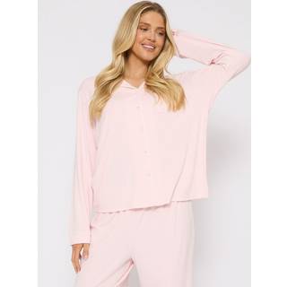 Loungeable Loungeable Light Pink/White Long Sleeve Soft Rib Long Sleeve Button Through Pyjamas