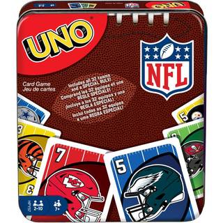 UNO NFL-kortspil i tinboks - Rejseudgave med holdlogoer, Ice the Kicker-reglen, til børn og voksne (Amazon-eksklusiv)