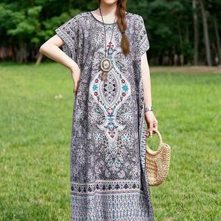 TEMU Women's Plus Size Floral Print Kimono Dress - Casual Loose Fit, Short Sleeve, Round Neck, , Ethnic Style, Summer Vacations, Vacation Dress|floral Print Dress|polyester