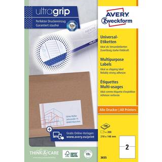 Avery 3655 hvide labels 2 pr. ark, blaek og Laserprinter 210x148 100ark