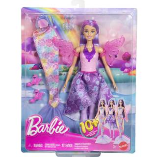 Barbie Fantasy 3-i-1 dukke med lilla hår - fe, havfrue og prinsesse