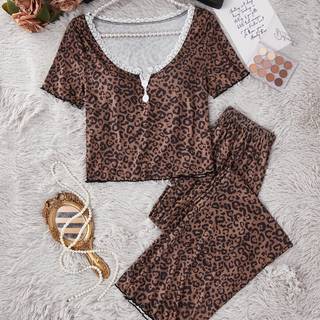TEMU Leopard Print Short Sleeve Pajama Set For Women - Casual V-neck Top & Long Pants, Summer Sleepwear With Button Details, No Belt, Women's Loungewear| Top|short Sleeve Top, Leopard Print Pajamas