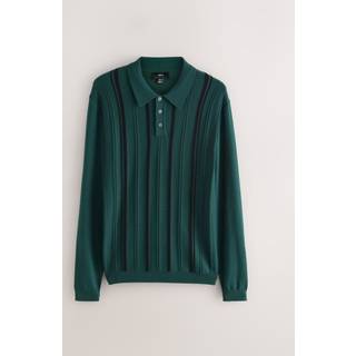 Next Green Regular Fit Cotton Rich Long Sleeve Stripe Knit Polo Shirt - medium