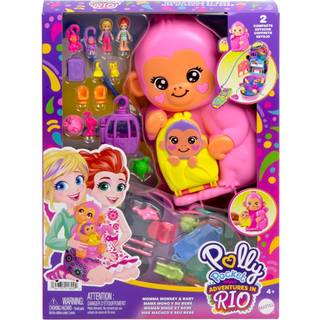 Polly Pocket Dolls & Playset med kæledyr og 13 tilbehør 2-i-1 Momma Monkey & Baby Wearable Purse & Animal Toy