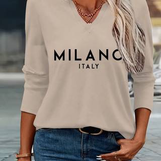 TEMU Italy V-neck T-shirt For Women - Casual 3/4 Sleeve Top With Print, Spring/summer, Italian Fashion Lover, European Travel, Casual Wear| Top|printed Detailing