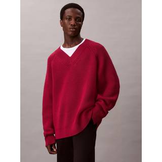 Wool Blend V-Neck Jumper - Burgundy - L