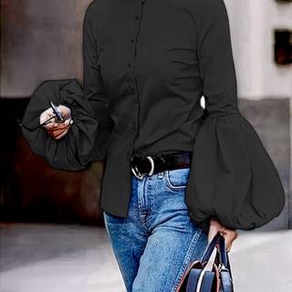 TEMU Urban Chic Women's High-neck Blouse With Fluffy Sleeves - Slim Fit, Long-sleeve, Button-up Shirt In - Perfect For Casual Or Office Wear