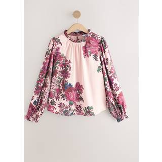 Next Ecru/Pink Floral Ruffle High Neck Satin Long Sleeve Blouse