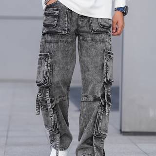 TEMU Men's Jeans - Classic Loose Fit Wide Leg Pants With Five-, Non-stretchy Denim For Everyday & Formal Wear, Machine Washable Casual Trousers (adult Men), Versatile Clothing, Durable Fabric