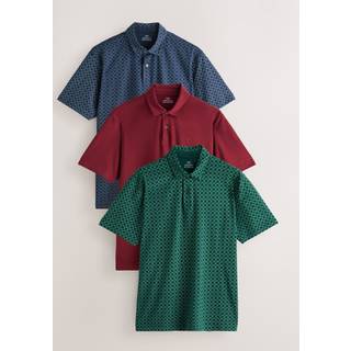 Next Navy/Green/Burgundy/Geos Regular Fit Short Sleeve Jersey Polo Shirts 3 Pack - xsmall