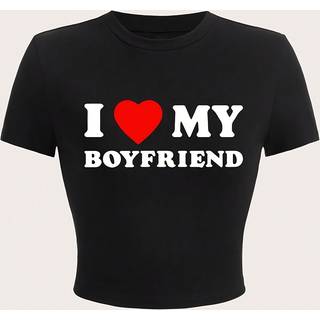 TEMU I Love My Boyfriend Print T-shirt, Casual Crew Neck Short Sleeve Crop Top For Summer, Women's Clothing