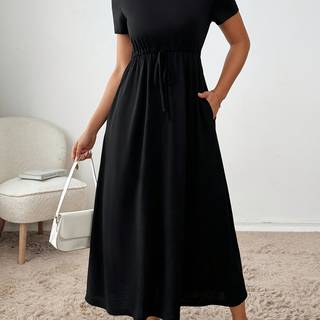 TEMU Women's Elegant Stretch Midi Dress - Fitted Top & Flowy Hem, Adjustable Waist Tie, Round Neck, Machine Washable, Black Dress For Casual & Formal Occasions, , Versatile Clothing, Comfortable Wear