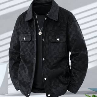 TEMU Men's Casual Fleece-lined Checkered Jacket - Beige Long Sleeve With Lapel Collar, Multiple Pockets & Button Front, Spring/fall Outdoor Workwear, Versatile , Design