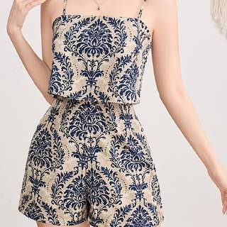 TEMU Women's Elegant Off-shoulder Jumpsuit - & Brown Floral Print, Backless Design, Lightweight Summer Outfit For Parties, Dates