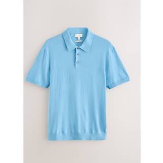 Next Light Blue Regular Fit Signature Short Sleeve Knit Polo with Cashmere Wool - Small