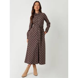 Threadbare Threadbare Brown Check Belted Midi Shirt Dress - EU 36 (UK 8)