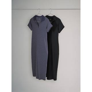 The Set The Set Black/Stripe 2 Pack Ribbed Collared Midi Dress - xsmall