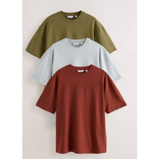 Next Olive Green /Ice Grey/Orange Rust Relaxed Fit Heavyweight T-Shirts 3 Pack