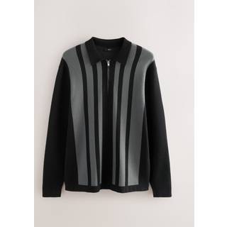 Next Black Regular Fit Premium Mid Weight Stripe Long Sleeve Knit Quarter Zip Polo Shirt - medium
